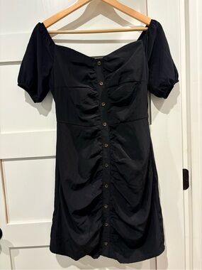 Walter Baker Black Puff-Sleeve Button-Front Mini Dress